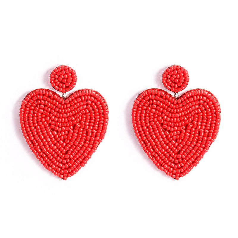Creative National Style Earrings Women's Color Love Earrings Bohemian Handmade Cloth Heart-Shaped Rice Bead Earrings