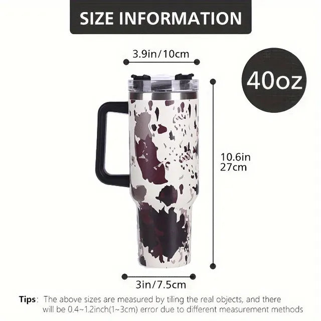 Cow Print Insulated Tumbler With Lid And Straw,Stainless Steel Coffee Tumbler with Handle,Double Vacuum Leak Proof Mug