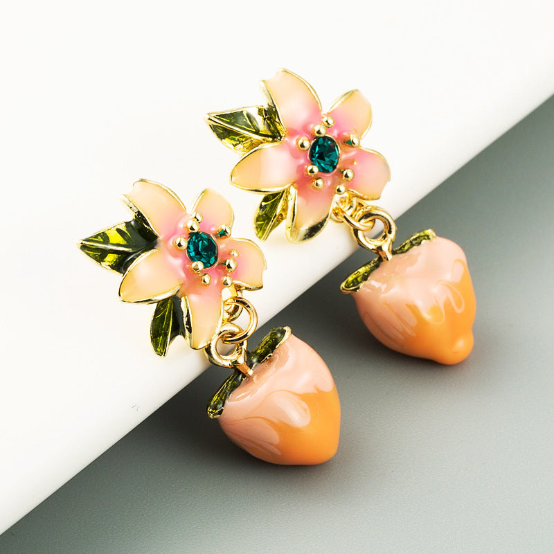 Peach Earrings Female New Net Red With The Same Korean Version Sweet And Cute Peach S925 Flower Temperament Earrings