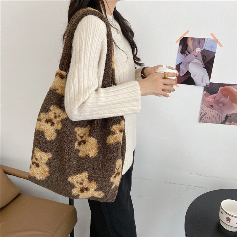 Women Lamb Like Fabric Shoulder Tote Bag Canvas Fluffy Fur Bear Handbags Large Capacity Soft Shopping Bags Girls Cute School Bag