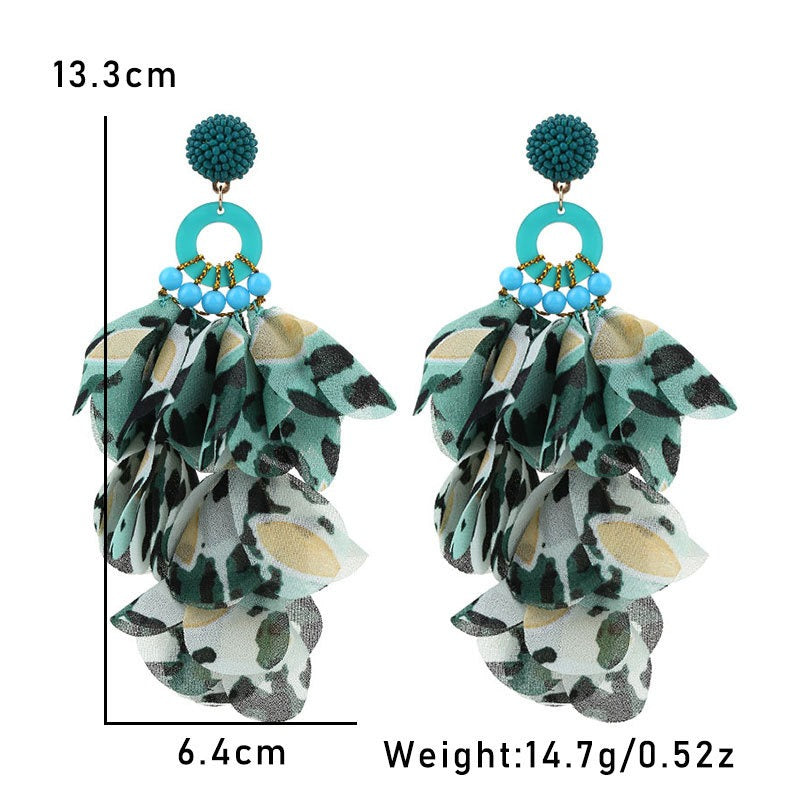 Handmade fabric floral earrings with exaggerated leopard print tassel earrings
