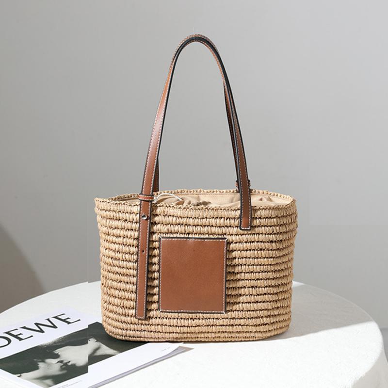 Bohemian Straw Splice PU Leather Women Shoulder Bag Natural Handmade Rattan Handbags Women's Bag Large Capacity Beach Straw Tote
