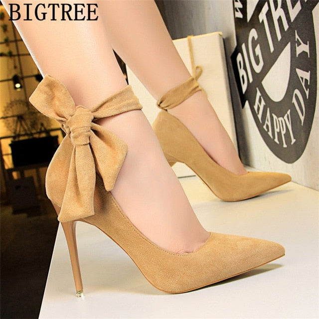 dress shoes women stiletto moccasin bigtree shoes Butterfly knot new arrival 2019 green shoes for women luxury high heels buty