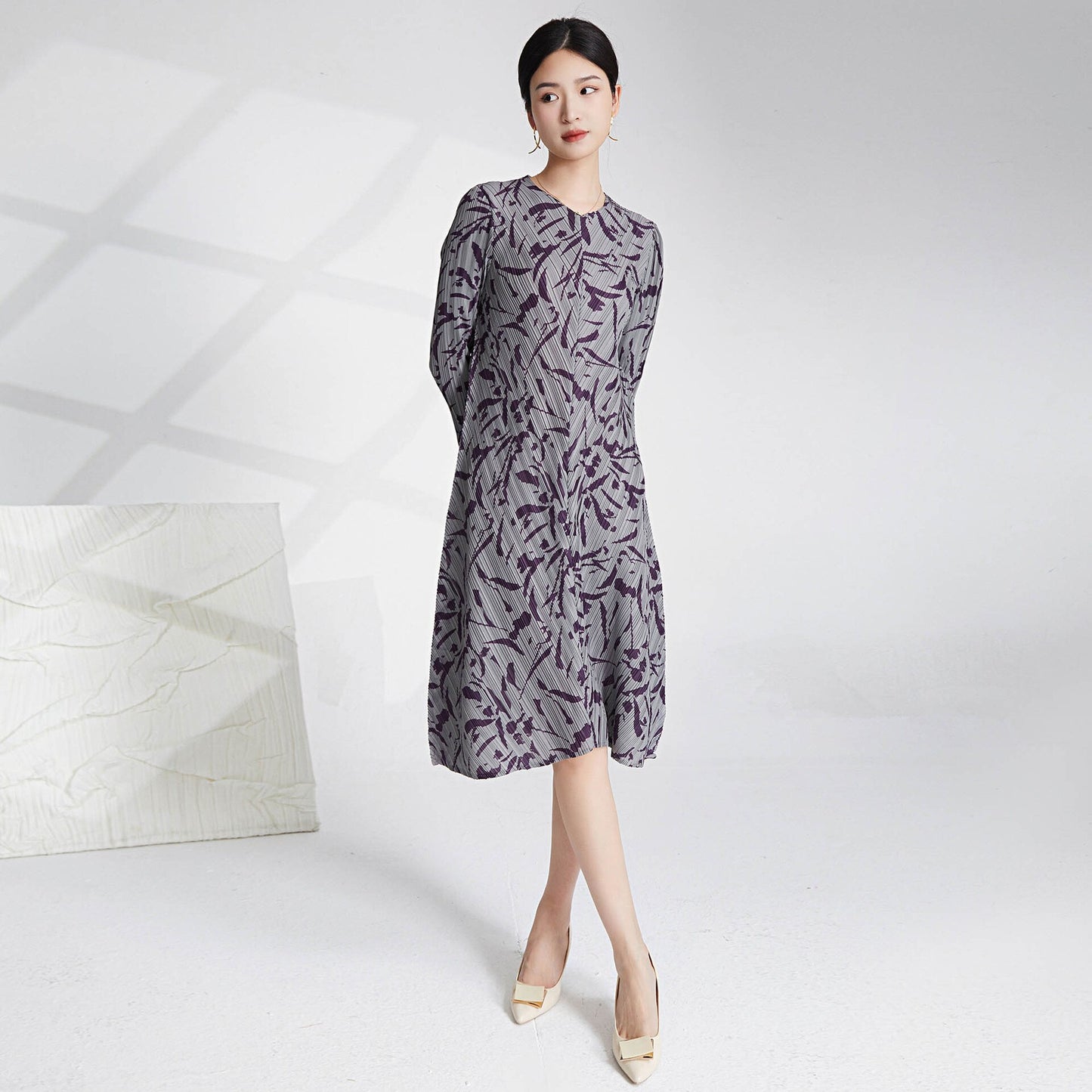 Printed Pleated Dress For Women V-neck Long Sleeves Spliced A-line Dresses Female Clothing
