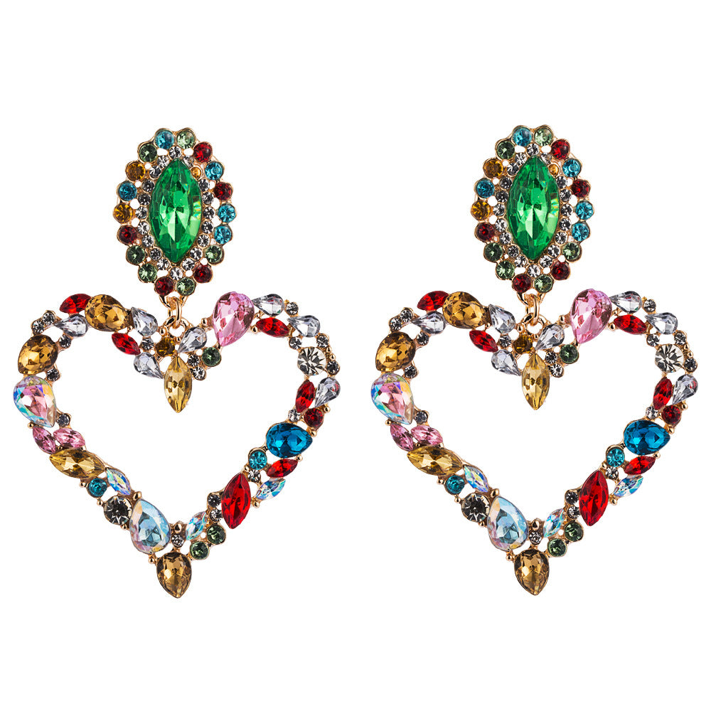 Popular Heart Shape Alloy Inlaid Colored Diamonds Retro Temperament Exaggerated Earrings Women Korean Trendy Super Flash Full Diamond Earrings