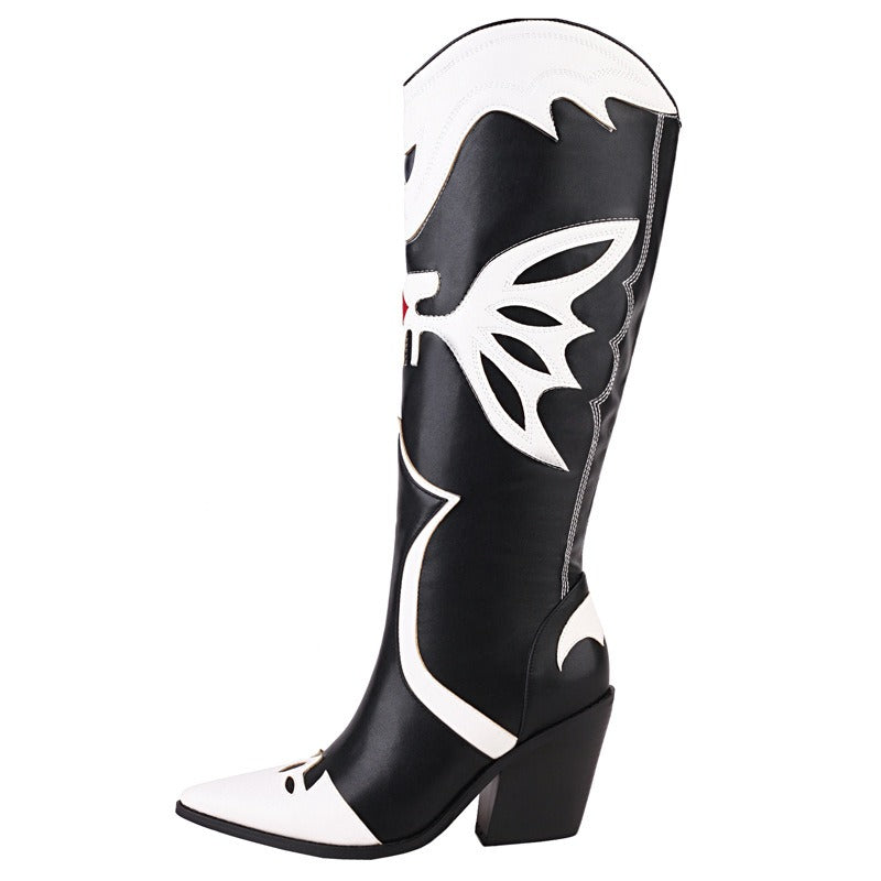 Western Cowboy Women's Knee High Boots Pointed Toe Crude Heel Slip On Female Embroidered Party Long Boots Women Shoes