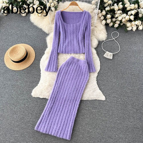 Women Gentle Knitted Two Pieces Suits Soft Sweater Short Top+High Waist Midi Long Skirt Suits Elastic Slim Winter Sets