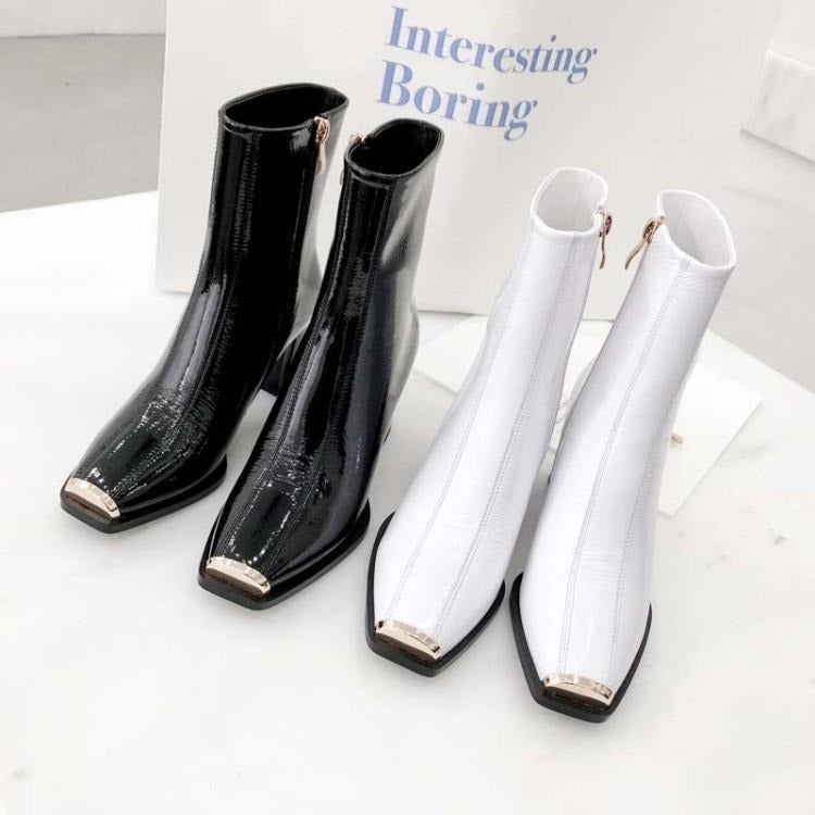 Women New Style Ankle Boots Ladies Square Toe High Heels Side Zipper Black White Thick Heel Patent Leather Winter Booties