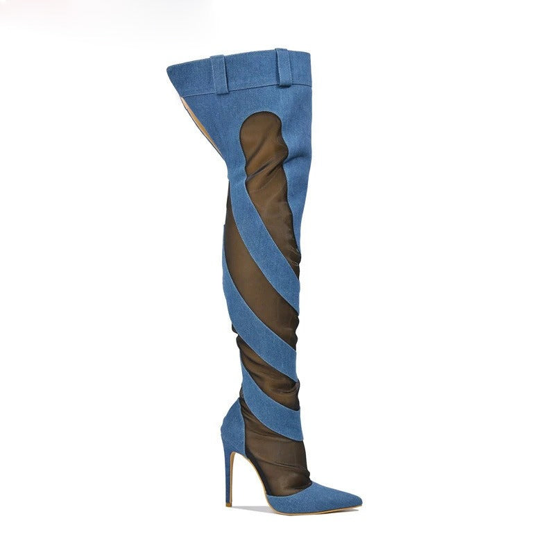 Fashion Denim Mesh Patchwork Thigh High Boots Women Autumn Pointed Toe Overknee Boots Sexy Ladies