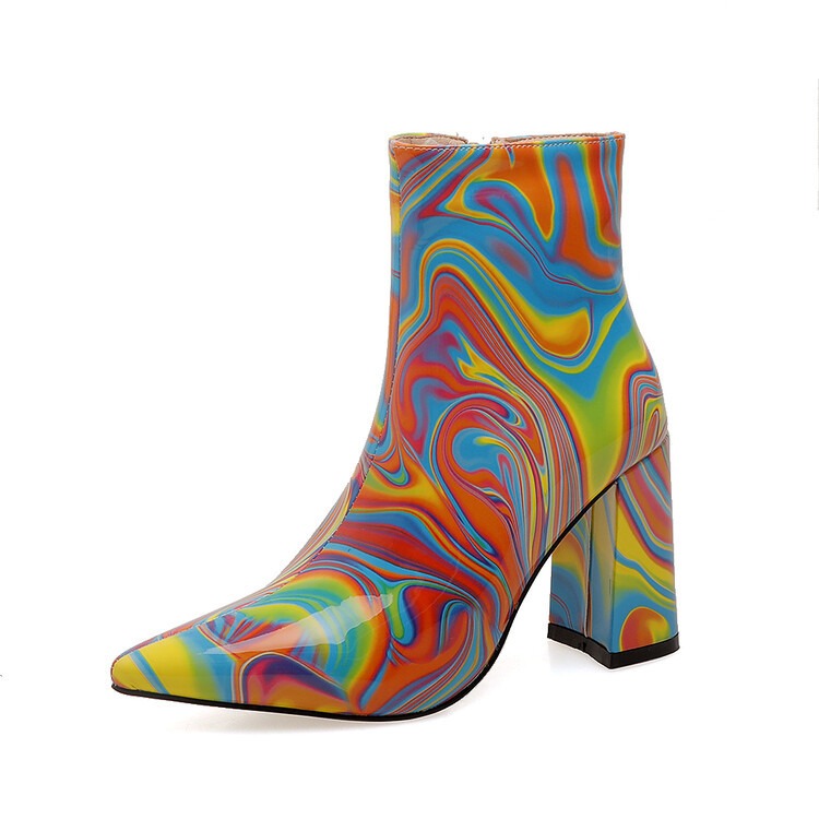 mix color women's ankle boots fashion trend pointed toe super chunky high heel side zipper chelsea boots