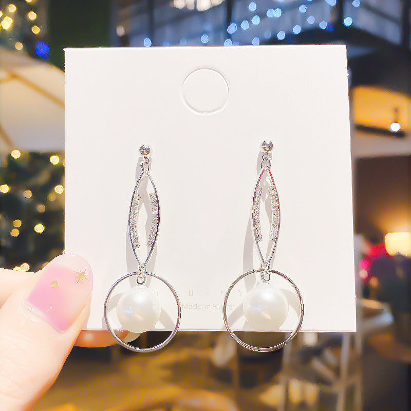 925 Silver Needle High-Quality Pearl Earrings Female Korean Temperament Long Geometric Earrings Fashion Exaggerated Earrings