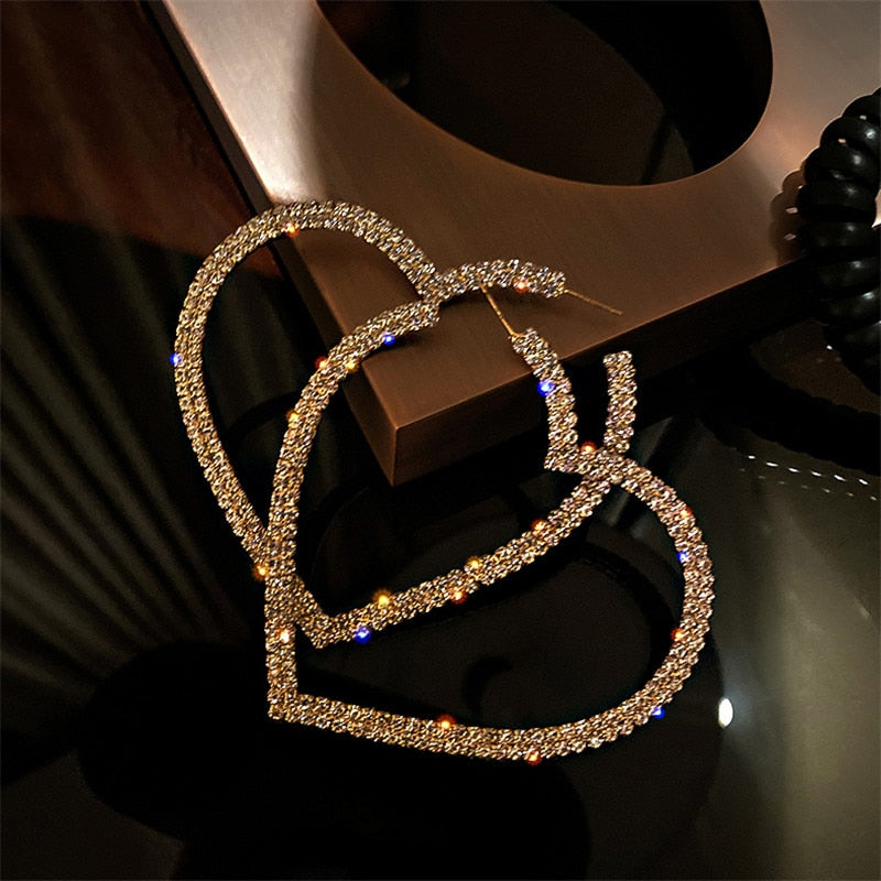 Fashion Big Heart Crystal Hoop Earrings for Women Bijoux Geometric Rhinestones Earrings Statement Jewelry Gifts
