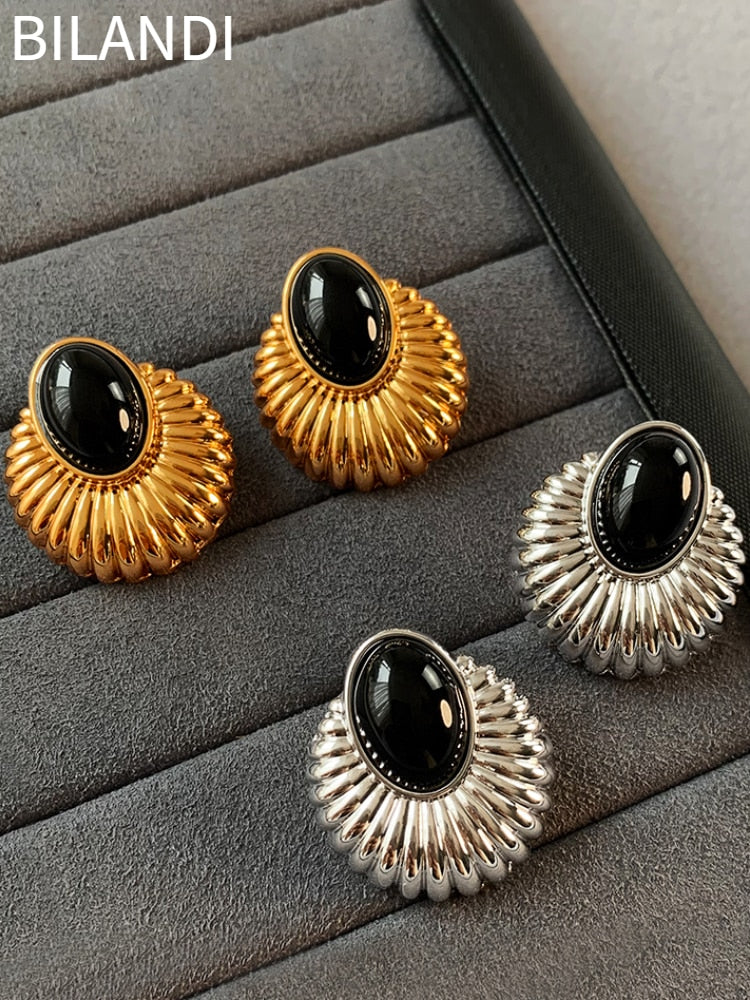 Bilandi Vintage Temperament 925 Silver Needle Geometric Metal Black Stud Earrings For Women Party Gift Hot Sale Ear Accessories