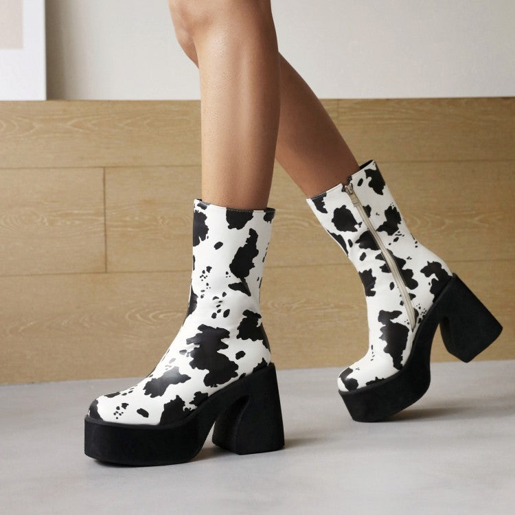 Cow Pattern Colorblock Platform Chunky High Heel Women's Mid Boots