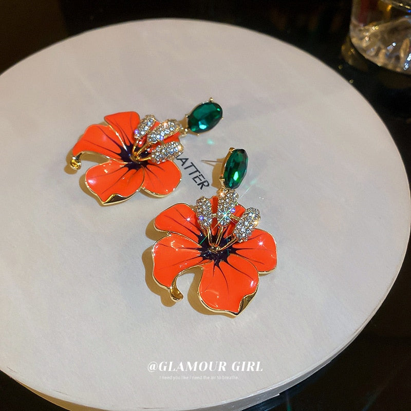 Minar Exquisite Orange Color Enamel Flowers Earring for Women Spark Rhinestone Floral Hanging Drop Earrings Party Daily Jewelry