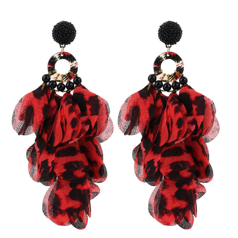 Handmade fabric floral earrings with exaggerated leopard print tassel earrings