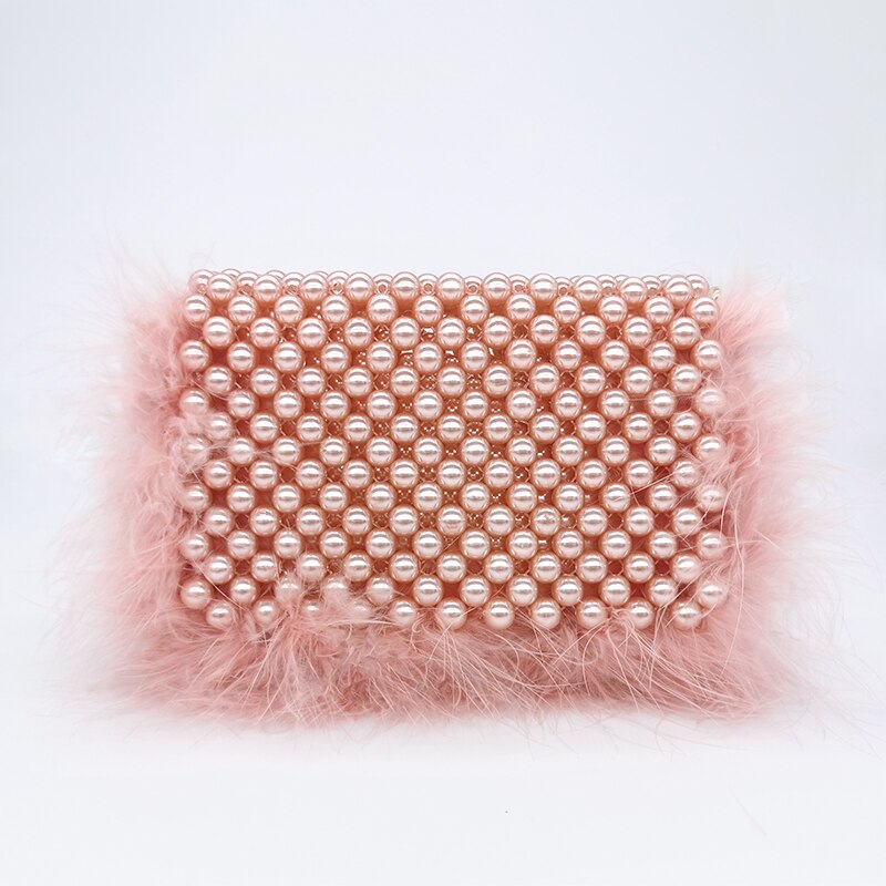 Faux Fur Pearl Evening Clutch Bag Women Handmade Pink Beaded Cover Dinner Party Purses Handbag Female Popular Cute Shoulder Bag