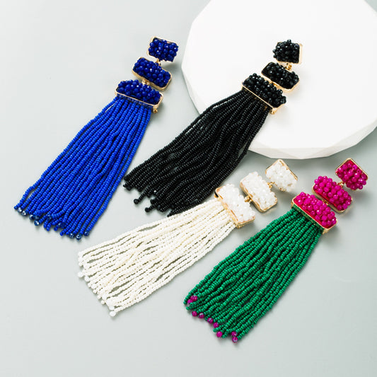 Exaggerated Earrings Female Trend Bohemian Style Rice Bead Earrings Long Temperament Earrings