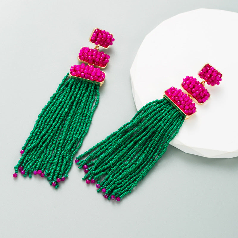 Exaggerated Earrings Female Trend Bohemian Style Rice Bead Earrings Long Temperament Earrings