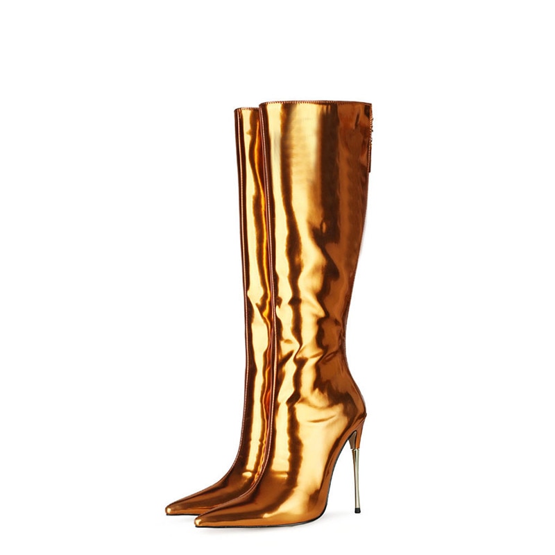 Classics Women High Heel Boots Patent Leather Back Zipper Square Toe Plush In Shoes Punk Style Knee-length Boots Female
