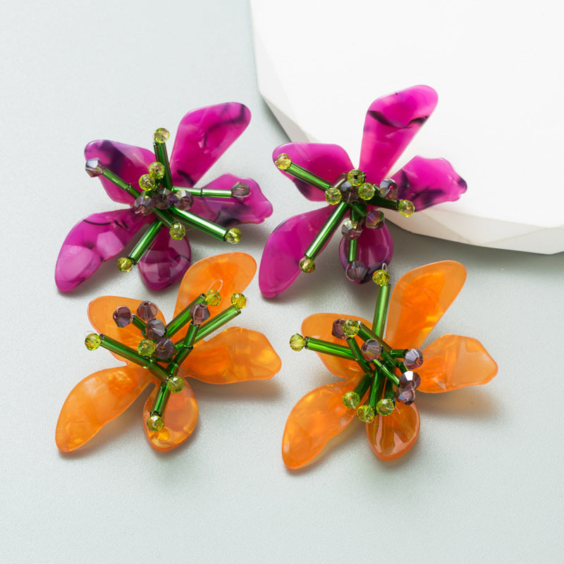 ZA Fresh Colorful Acrylic Flower Earrings Exaggerated Hand-Woven Flower Petal Earrings