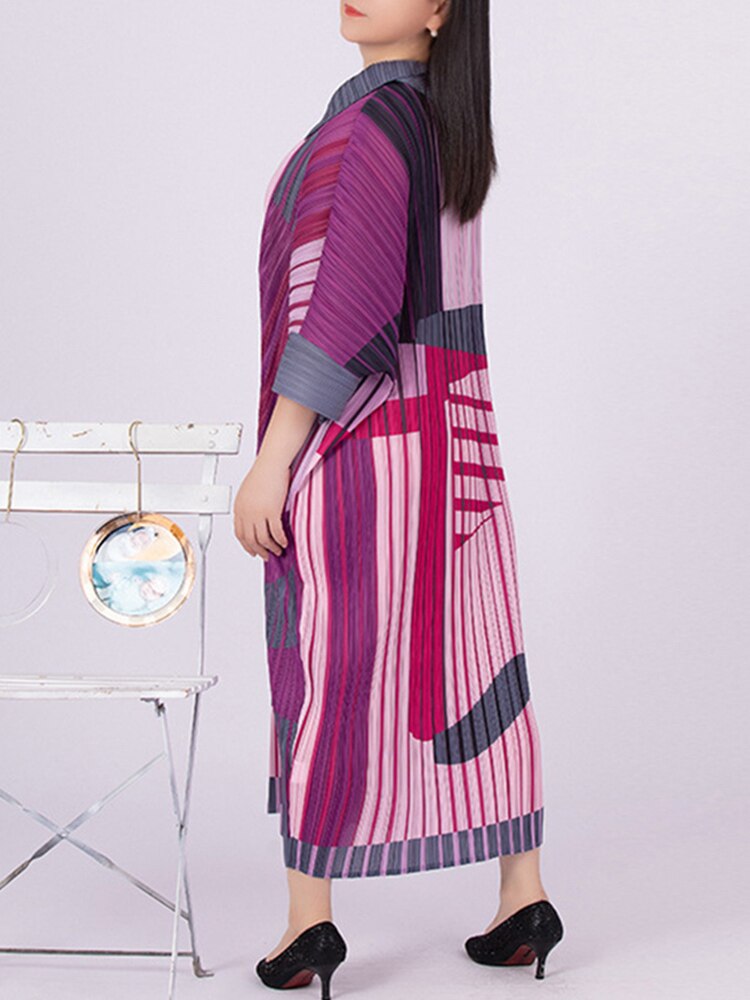Batwing Sleeve Pleated Dress For Women Single Breasted Contrast Color Dresses Lady Clothes