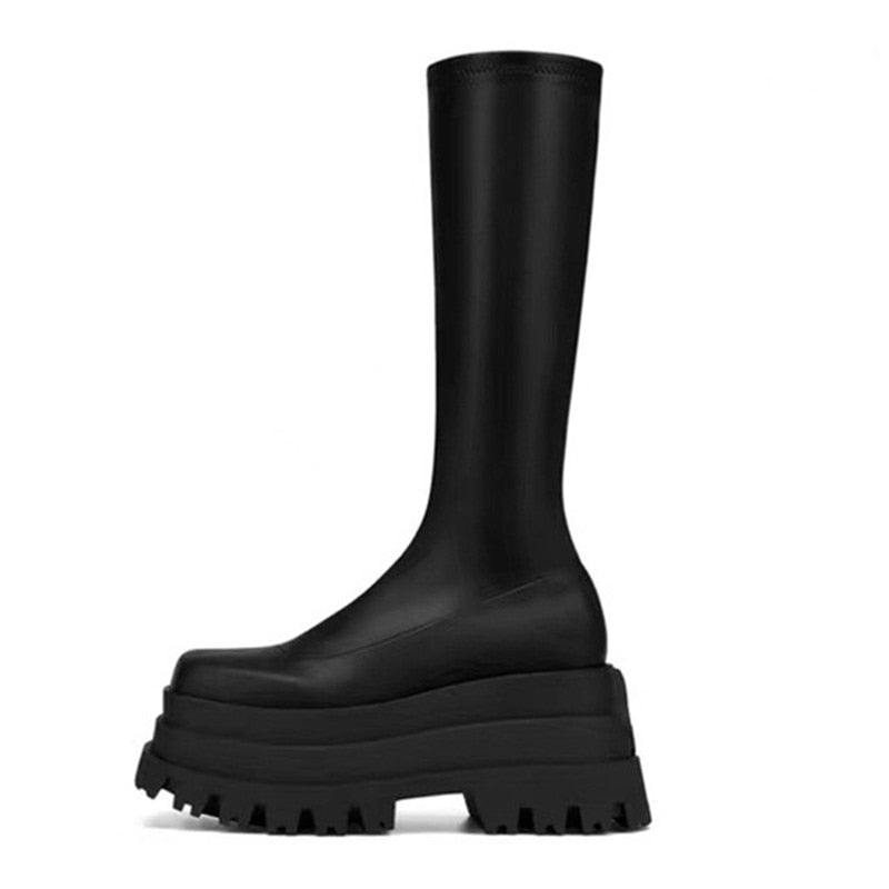High Platform Boots Thick Bottom Women High Knee Boots Concise High Quality Black Boots Shoes Luxury Brand