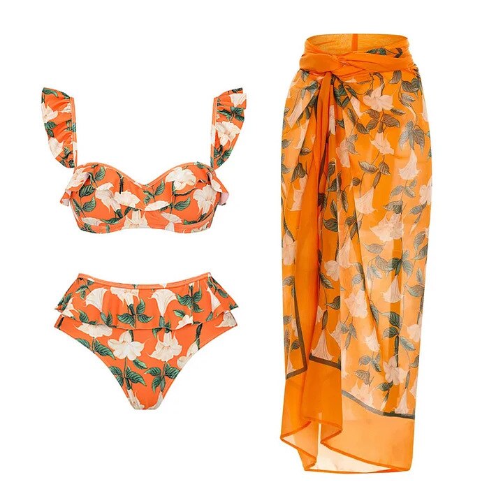 New Bikini Split Swimsuit Ruffled High Waist Printed Atmosphere Swimwear Beachwear and Wrap Skirt Set One Piece Swimsuit