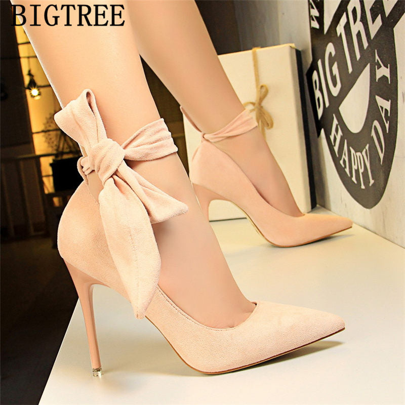 dress shoes women stiletto moccasin bigtree shoes Butterfly knot new arrival 2019 green shoes for women luxury high heels buty