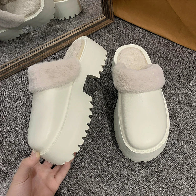 Winter Women Slippers 5cm Platform Clogs Warm Furry Slippers Fur Indoor Home Cotton Shoes Female Fluffy Slides Plush Slippers