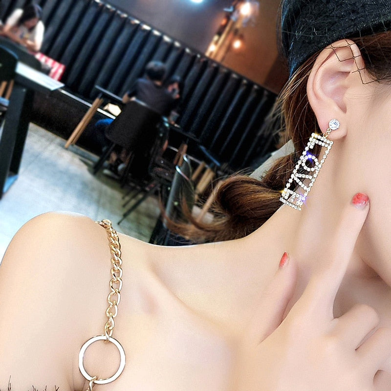 LOVE Letter Big Crystal Drop Earrings Gold Silver Color Rhinestone Dangle Earrings for Women Wedding Party Jewelry