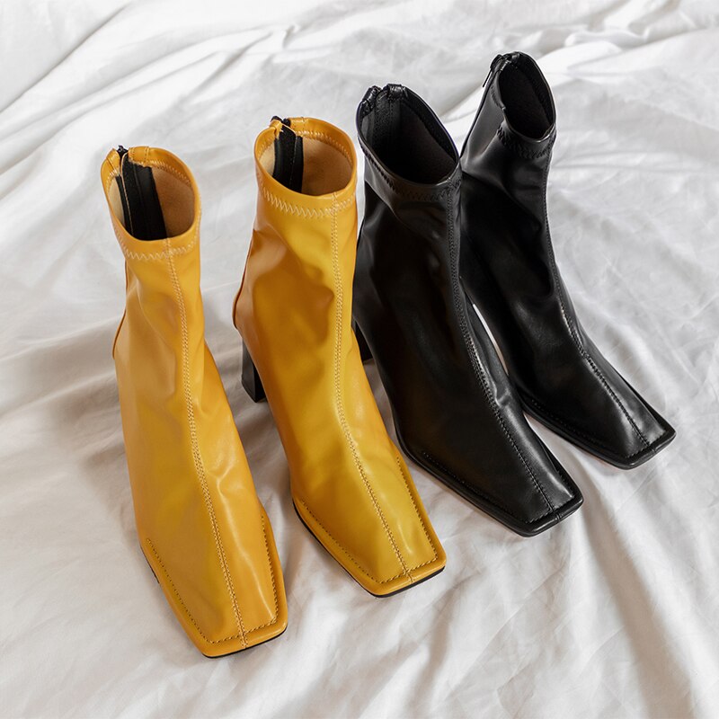 Yellow Square Toe Women Ankle Boots Chunky High Heel Elastic Boot Female Slim Fit Sock Boots Fashion
