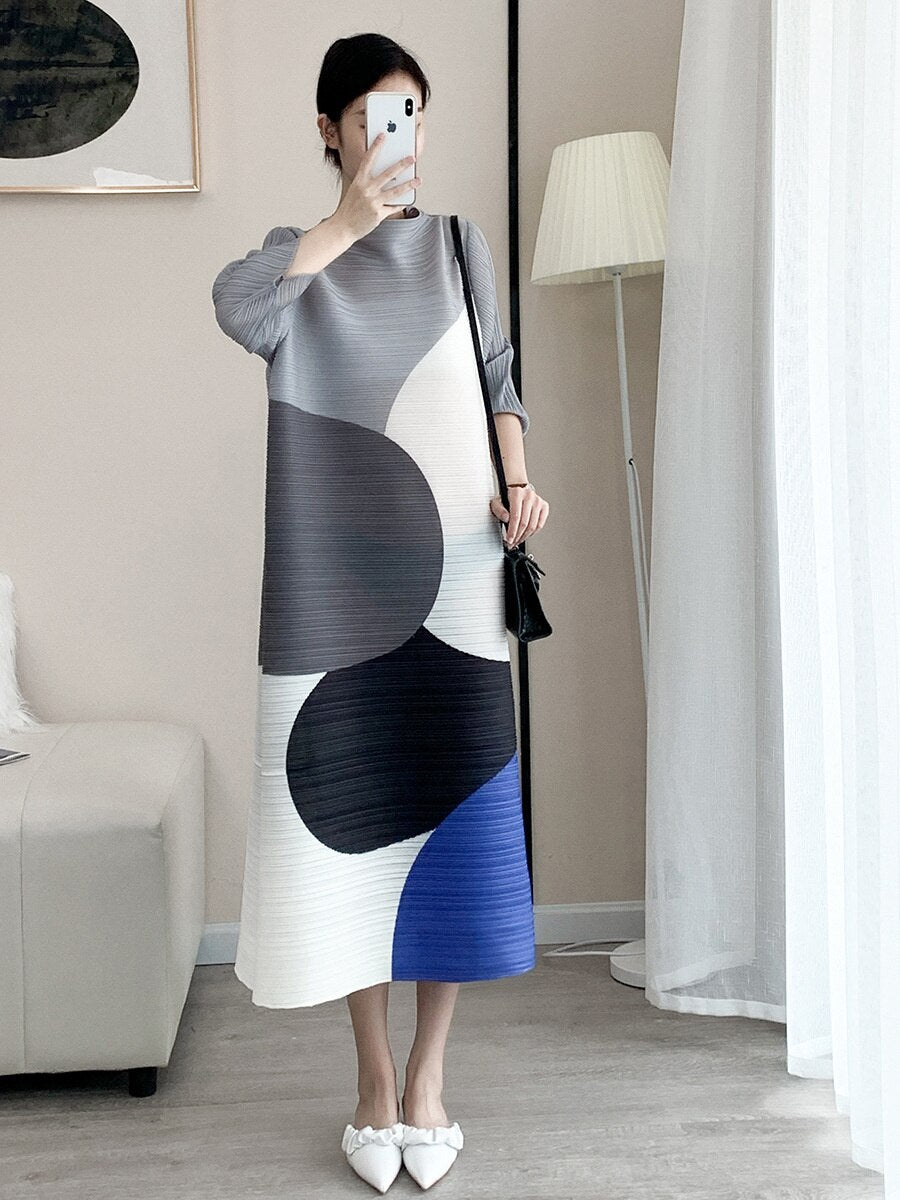Pleated Dress For Women Long Sleeves Turtleneck Color Block Print Loose Fashion Dresses Female Party Clothing