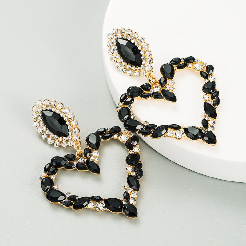 Popular Heart Shape Alloy Inlaid Colored Diamonds Retro Temperament Exaggerated Earrings Women Korean Trendy Super Flash Full Diamond Earrings