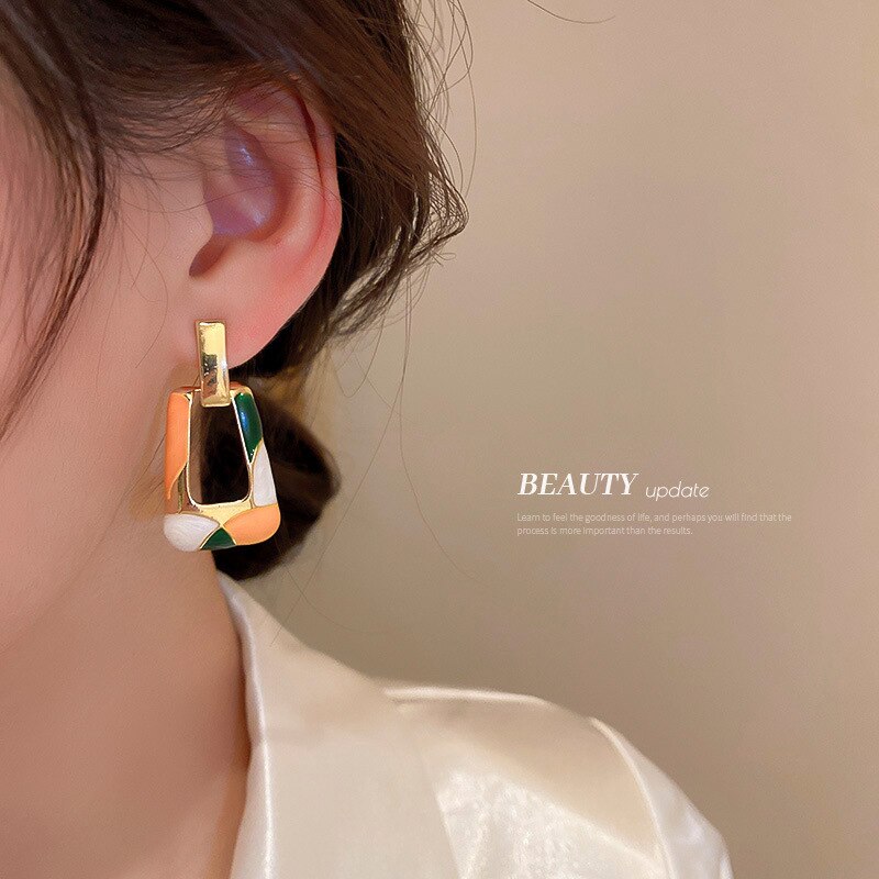 Minar Trapezoid Colorful Enamel Earring for Women Hollow Geometric Long Dangle Earrings Korean Style Party Jewelry