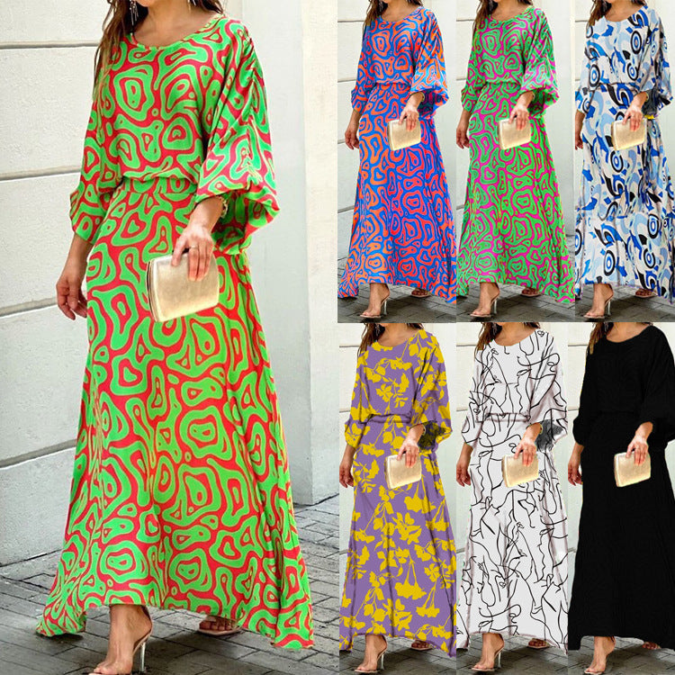 Women's Summer New Loose Plus Size Printed Long Sleeve Tops High Waiste Half-Length Skirt Suits