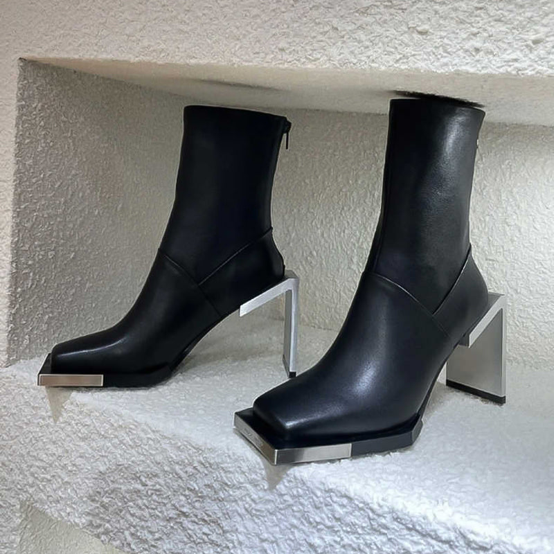 Black Boots Women Silver Square Toe Stretch Boots Female High Heels Runway Shoes Strange Style Heel Ankle Boots
