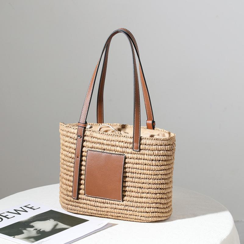 Bohemian Straw Splice PU Leather Women Shoulder Bag Natural Handmade Rattan Handbags Women's Bag Large Capacity Beach Straw Tote
