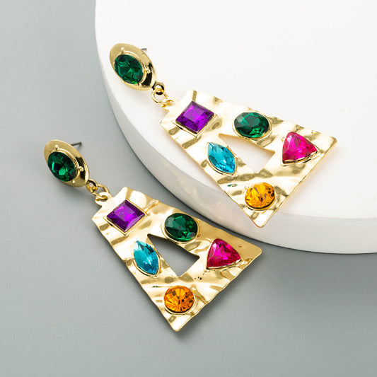 Exaggerated Geometric Heart Shaped Alloy Set Colorful Rhinestone Earrings Vintage Gold Drop Earrings