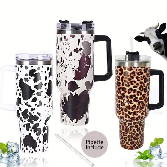 Cow Print Insulated Tumbler With Lid And Straw,Stainless Steel Coffee Tumbler with Handle,Double Vacuum Leak Proof Mug