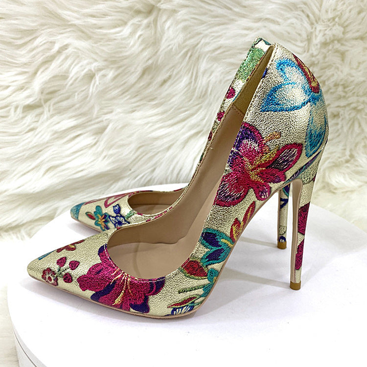Gold Embroidered Graffiti High Heel Shoes Pointed Thin Heel Shallow Mouth Shoes Women's Shoes