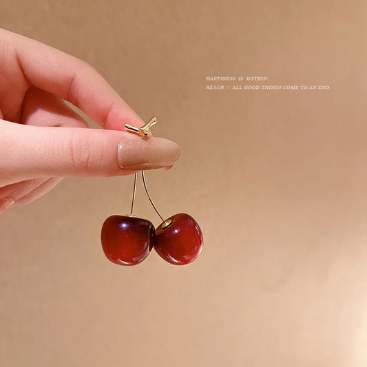 Japanese And Korean Long Red Cherry Earrings Female Sweet Girl Heart Earrings Simple Gentle Style Autumn And Winter Earrings