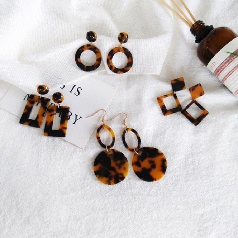 Leopard Acetate Earrings Personality Geometric Round Brown Acrylic Long Gangle Earrings