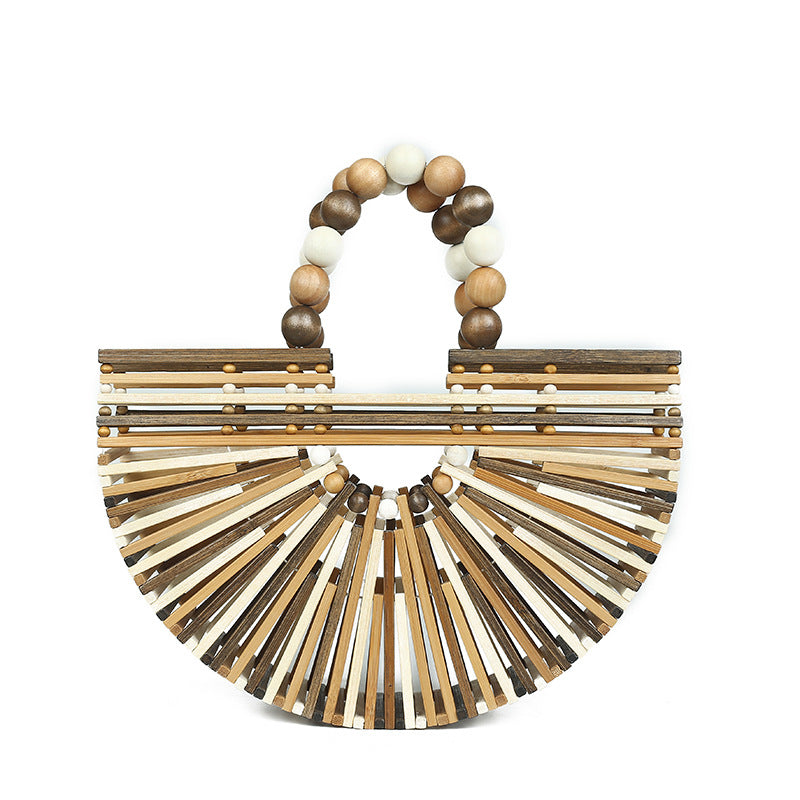 INS Super Fire Grass Woven Bag Women's New Colored Beaded Handheld Bamboo Woven Bag Women's Small Beach Bag