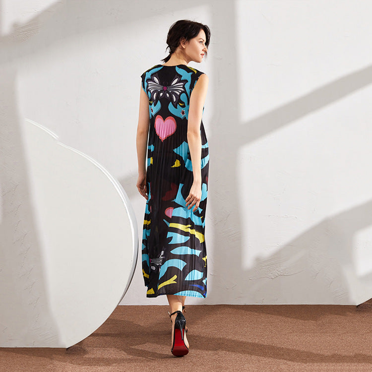 Summer Pleated Printing Dress for Women Round Neck Short Sleeve High Waist Casual Female Elegant Dresses