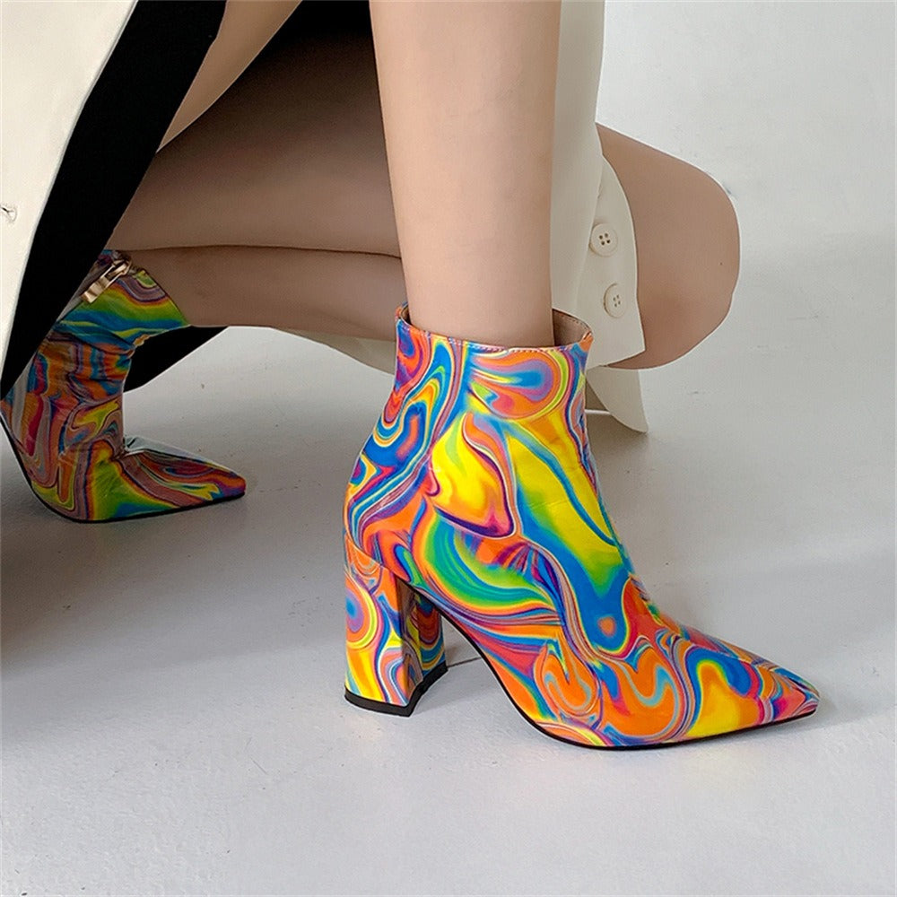 mix color women's ankle boots fashion trend pointed toe super chunky high heel side zipper chelsea boots