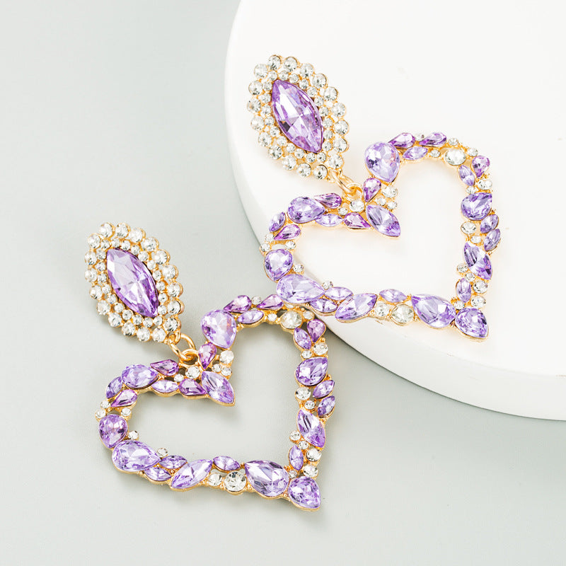 Heart-Shaped Alloy Set Rhinestone Red Earrings Exaggerated Earrings Women's Full Diamond Earrings
