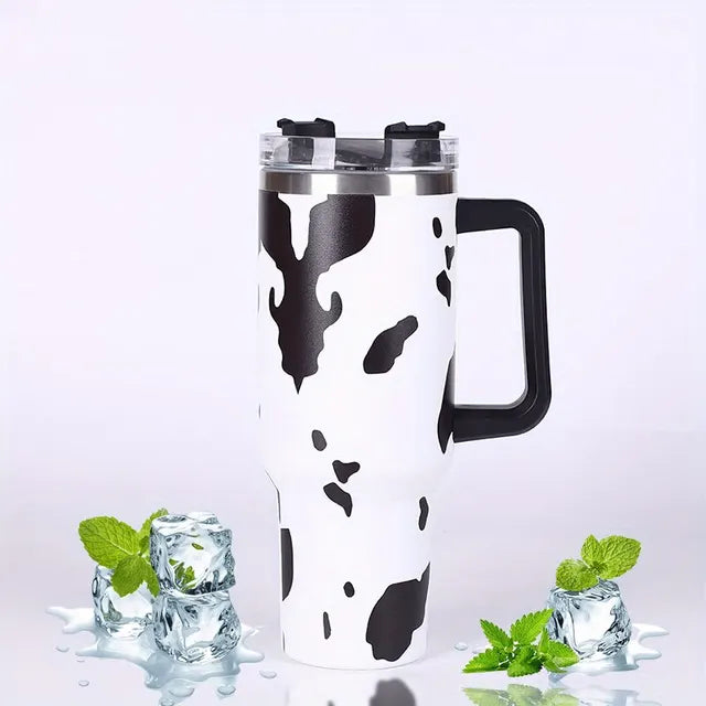 Cow Print Insulated Tumbler With Lid And Straw,Stainless Steel Coffee Tumbler with Handle,Double Vacuum Leak Proof Mug