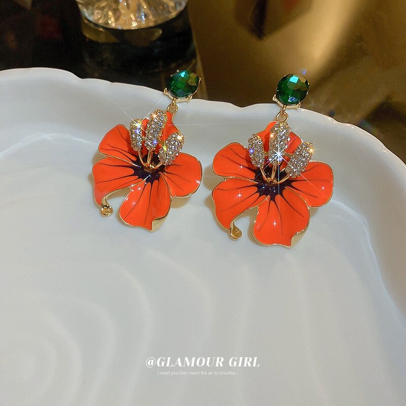 Minar Exquisite Orange Color Enamel Flowers Earring for Women Spark Rhinestone Floral Hanging Drop Earrings Party Daily Jewelry