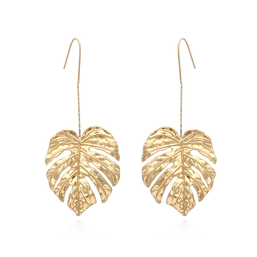 Vintage Alloy Long Leaf Earrings European and American Hollow Metal Leaf Earrings Women's Earrings